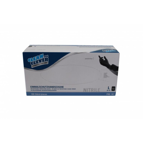 Nitrilhandschuhe PRO 167  Clean und Clever - Größe M, 100 Stück, Nitril, schwarz, latexfrei, unsteril, puderfrei, beidseitig verwendbar